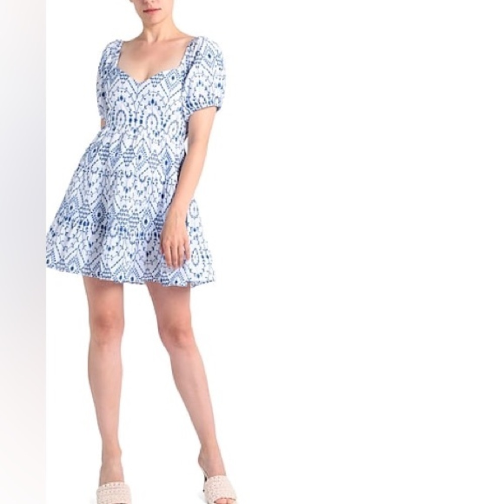 NWT Topshop Open Back Embroderie Mini Dress with Blue Stitch in White Size 6